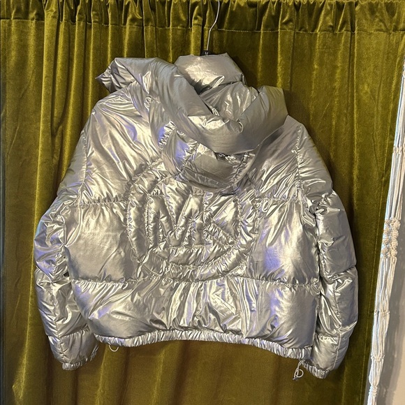 Michael Kors Short Puffer Jacket in Metallic Silver - Picture 3 of 15